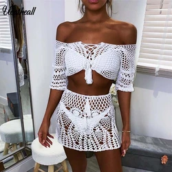 Tassel Lace Up 2 Piece Dress Beach Wear Womens Knit Bodycon Top+skirt Cover Ups Summer Short Sleeve Knitted Crochet Sundress