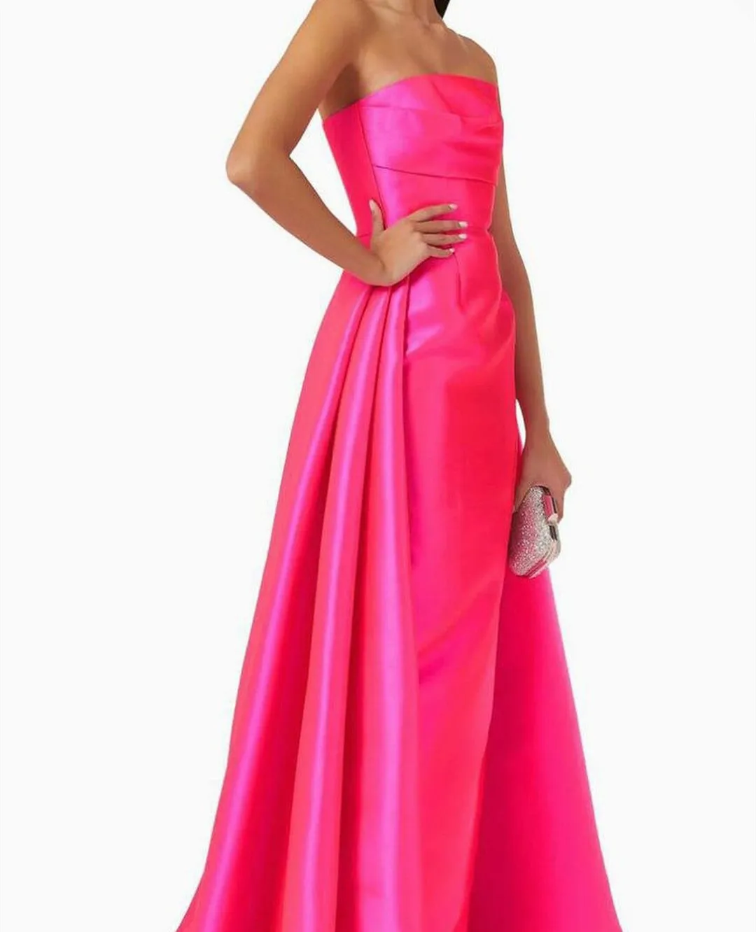 Customized Long Fuchsia Strapless Evening Dresses With Removable Train Sheath Satin Sweep Train Wedding Guest Dress for Women