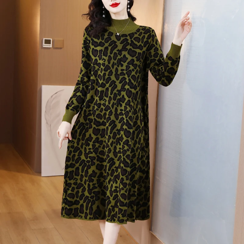 2023 Autumn/Winter New Leopard Pattern Knitted Dress Women's Loose Size Jacquard High Elastic Slim Knee Long Sweater Dress