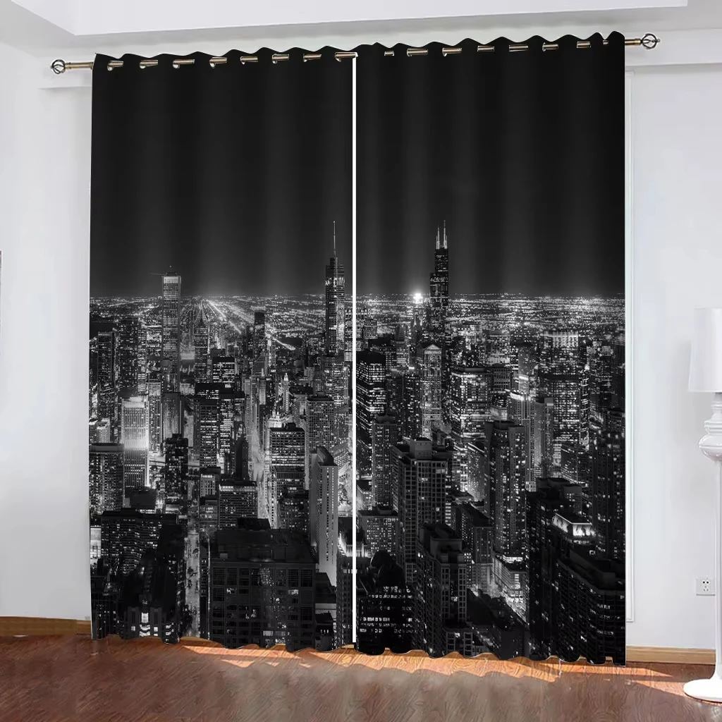 City Skyline Blackout Curtains, City Night View Curtain New York Manhattan Midnight Cityscape Window Drapes for Office Bedroom