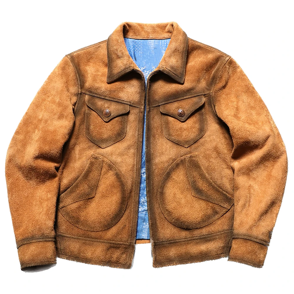 Mendoza Style Genuine Cow Suede Jacket Coat Man Fashion Distressed Muti Pockets Cowhide Suede Overcoat Dad Clothing US Style