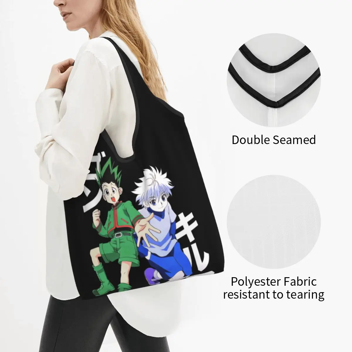 Large Reusable HXH Gon Killua Zoldyck Anime Grocery Bags Recycle Foldable Shopping Eco Bag Washable Lightweight