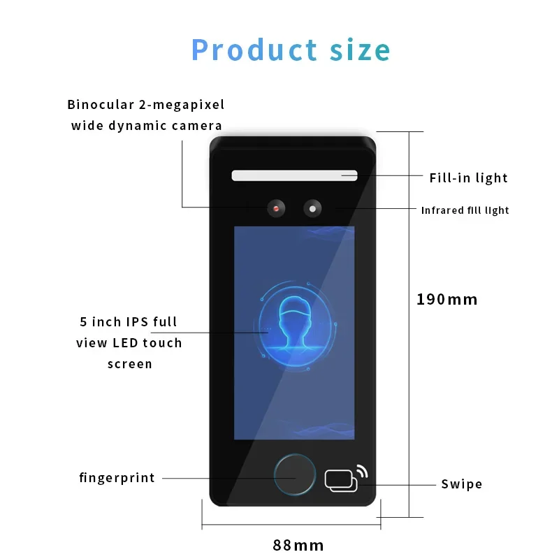 ระบบควบคุมการเข้าถึงการจดจําใบหน้าขนาด 5 นิ้ว TCP/IP Wifi ลายนิ้วมือ Biometric ID IC Card Access Control ผลิตภัณฑ์