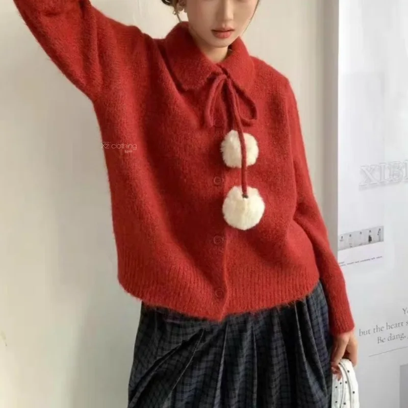 New Year Atmosphere Design Sense Red Lapel Pom-pom Knitted Cardigan Youthful Slimming Loose Laid-back Style Sweater for Women