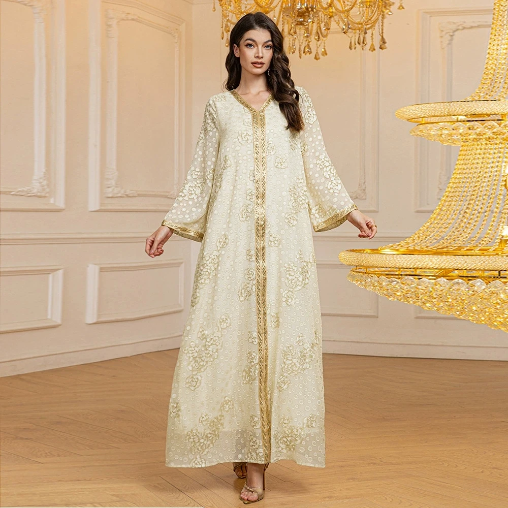 

Elegant printed chiffon sequin Abaya dress with long sleeves and flowing Muslim robe for women praying in Dubai Jilbab style