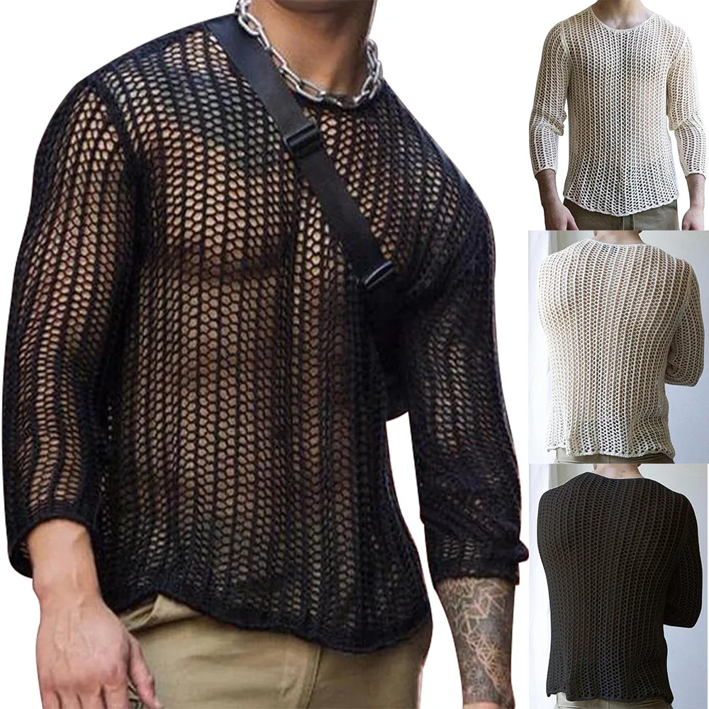 

Men Long Sleeve Mesh T Shirt Transparent Sexy 2024 Summer New Men Clothing Streetwear Solid Knit Tee Street Party Costumes