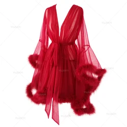 Women Feather Bathrobe Short Sexy Feather Wedding Scarf Illusion Tulle Nightgown Robe Perspective Sheer Bathrobe Sleepwear Dress