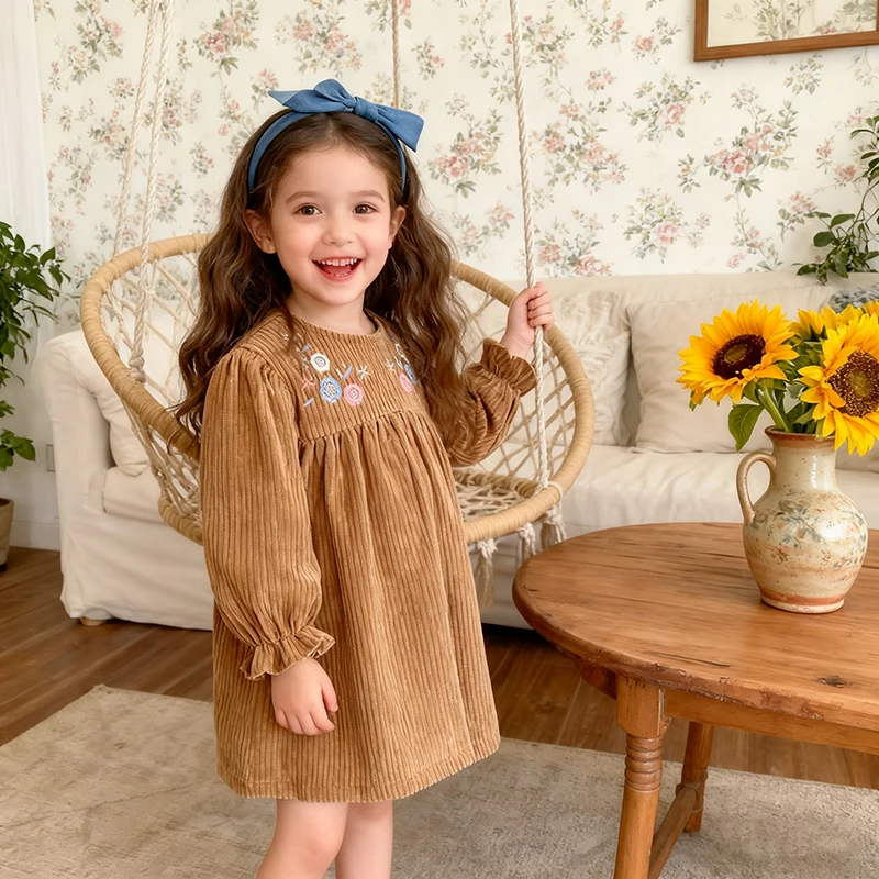 

2-6Y Autumn New Girls Dress Fashion Neck Embroidered Flowers Dress Spring Children's Girls Long Sleeve Princess Cute Doll Dress