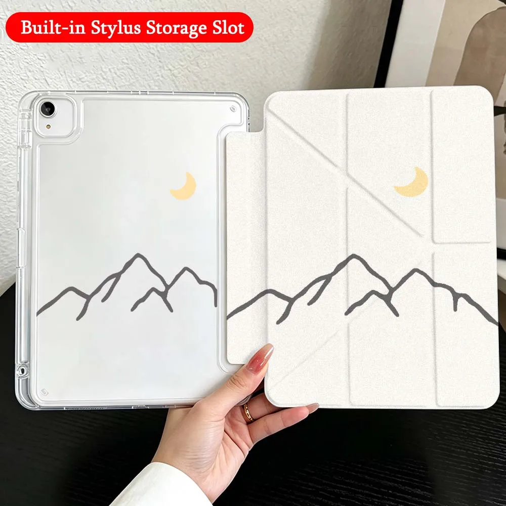 Sun Half Moon Mountain Case For iPad Mini Pro Air 5 6 7 8 9 10th 11th 11 9.7 10.9 13 inch Transparent Y-Shaped Folding Tablet