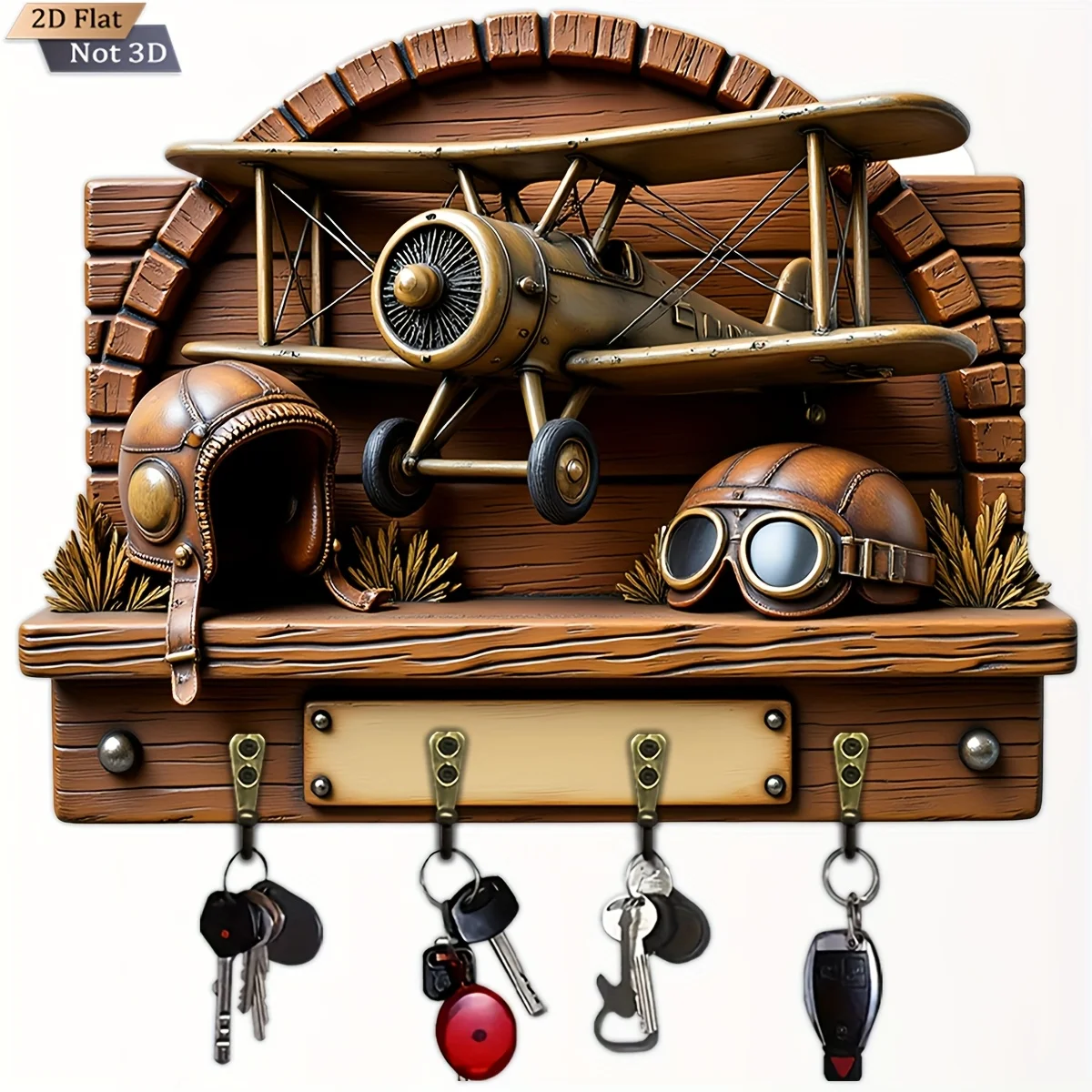 2D Flat, 1pc, Retro Airplane Shaped Key Hook Wooden Multifunctional Home Key Holder with Four Metal Hooks, Wall Decoration,