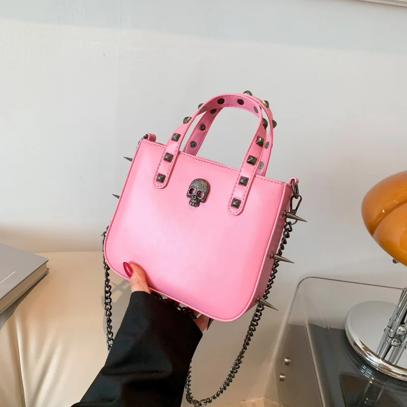 

Gothic style handbag for women new style motorcycle style riveted small square bag Cross Body shoulder Skull messenger bag C054