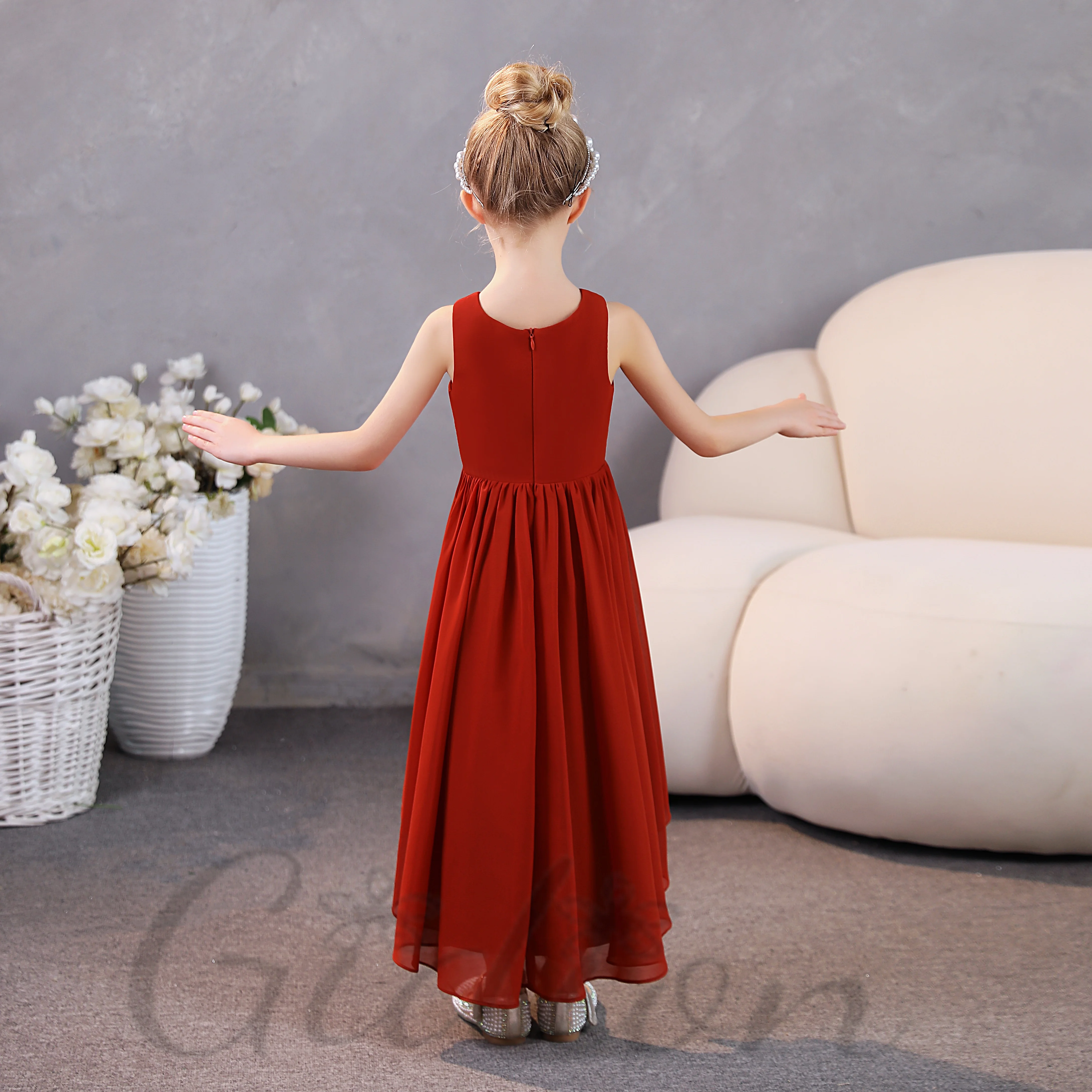 High-Low Chiffon Junior Bruidsmeisje Jurk Voor Kinderen Bruiloft Verjaardagsfeest Banket Feestvreugde Optocht Bal Evenement