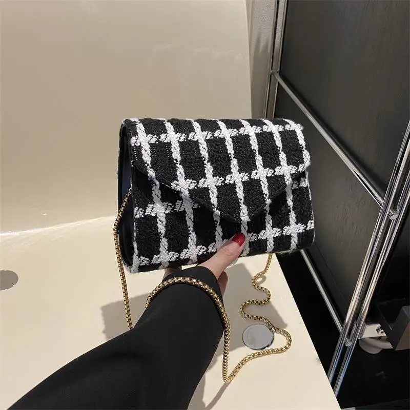 Fashion Plaid Print Tweed Crossbody Bag for Women Casual Versatile Female Shopping Chain Shoulder Pack Large Capacity Handle Bag