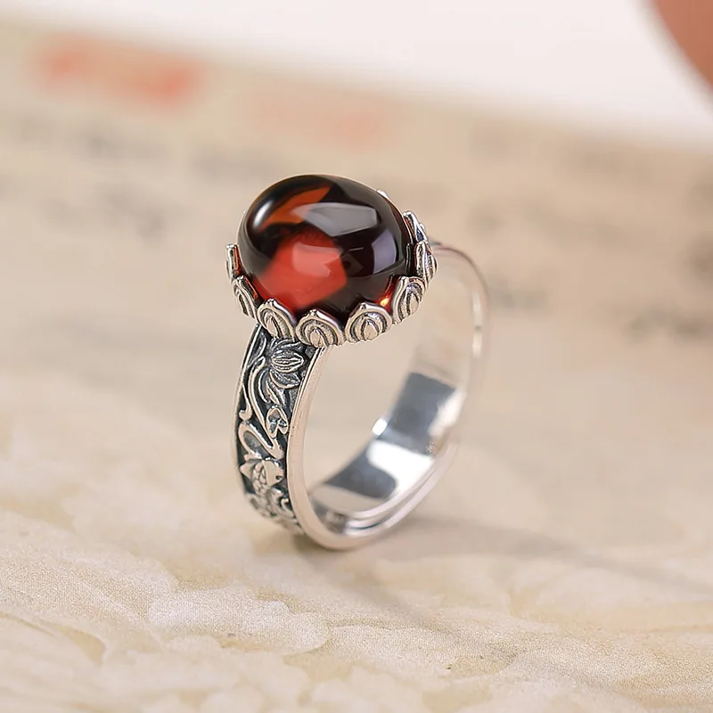S925 Sterling Silver Blood Amber Carp Surface Elegant Ring