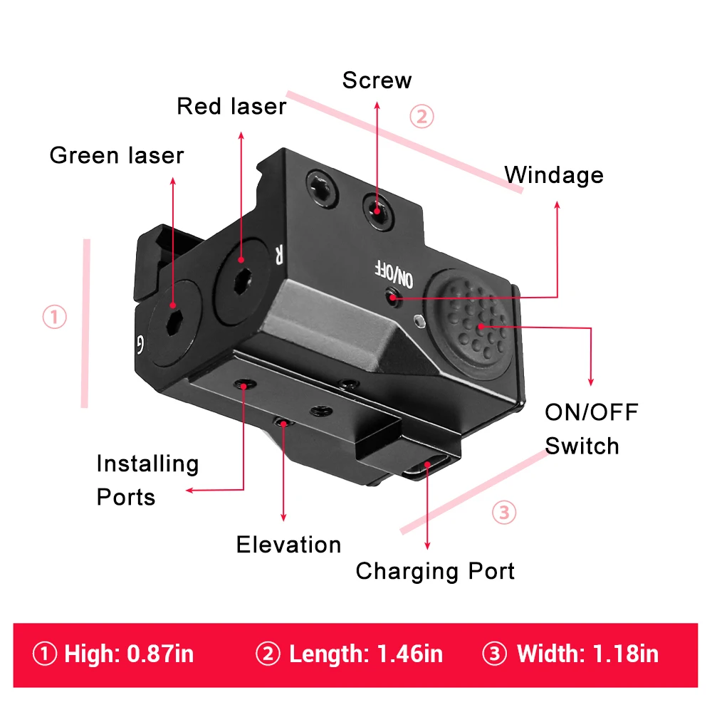 Dual Red Green Laser Sight Rechargeable Weapon Laser Sight for Pistols Handgun with Picatinny Rail Mount USB Charging Gun Laser