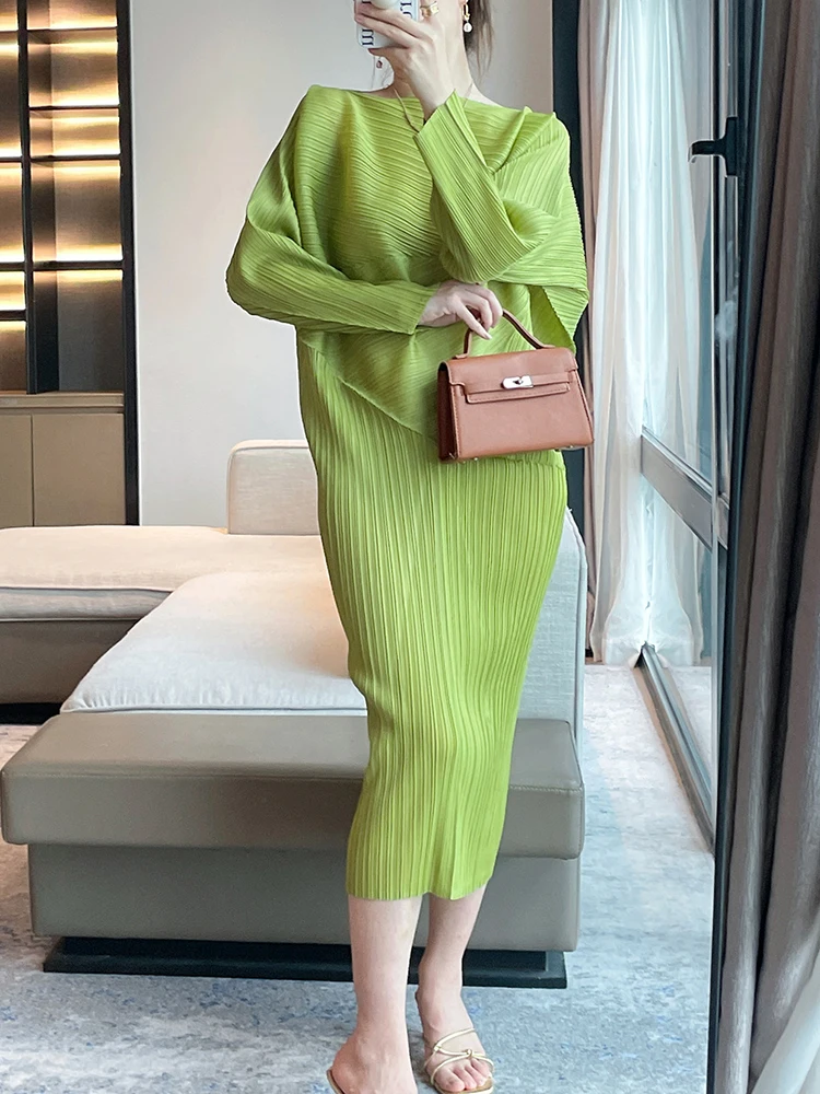 GVUW Pleated Dress Women Full Batwing Sleeve Evening Party Summer Medium Long New Solid Color 2024 Female Clothing 17G5971