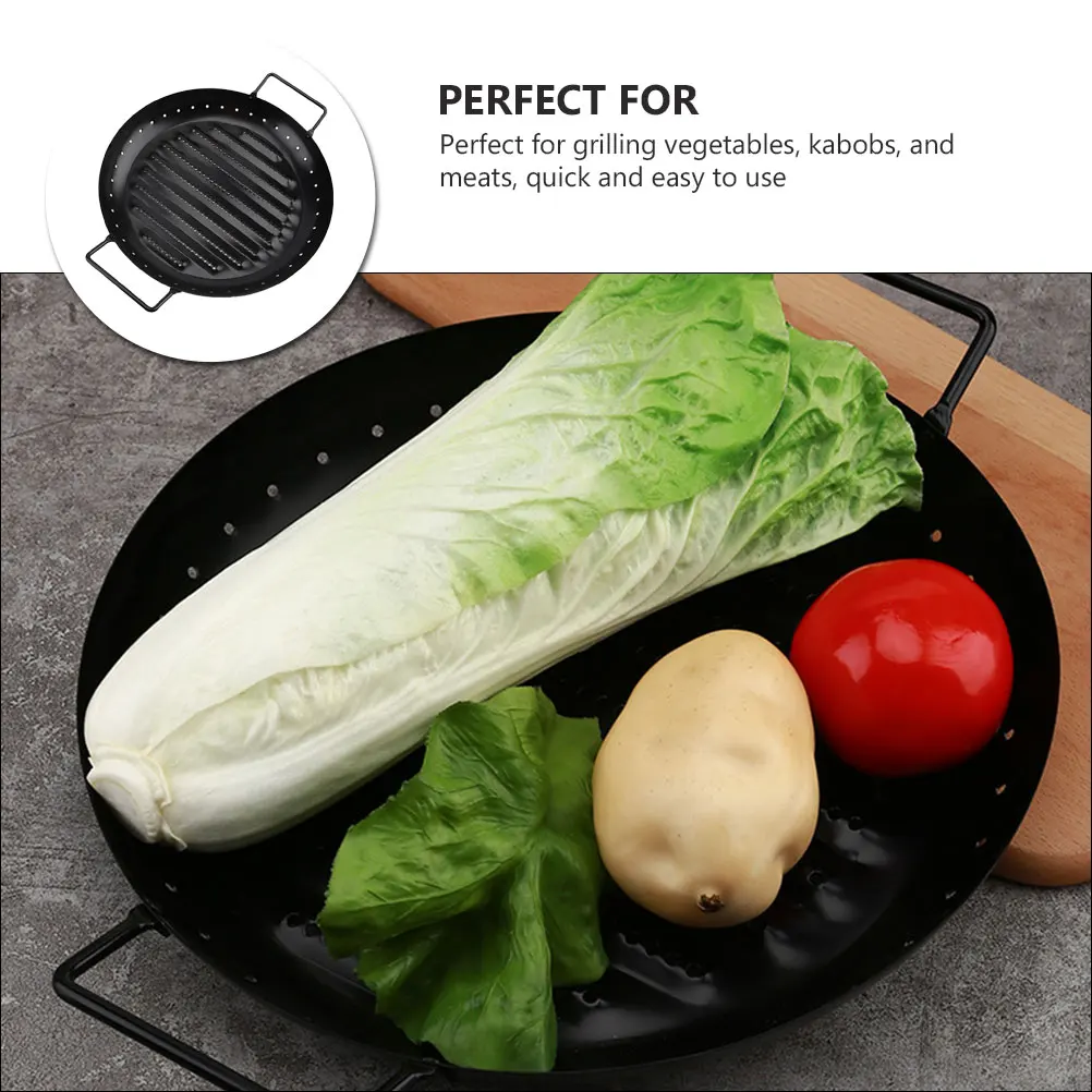 

Durable Carbon Steel Roasting Pan BBQ Tool Flat Base Even Heat Grilling Kabobs Vegetables Meats Easy Cleaning Stove Connection