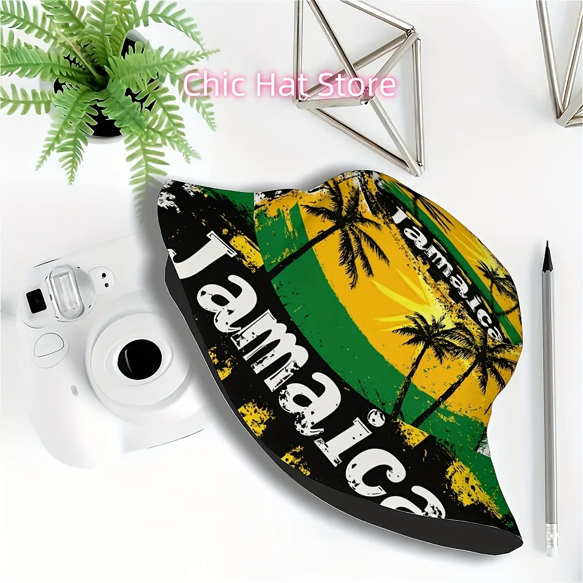 1pc Jamaica Independence Day Bucket Hat - Yellow-Green Coconut Tree & Bold JAMAICA Print, Funky Unisex Sun Hat for Beach, Golf,