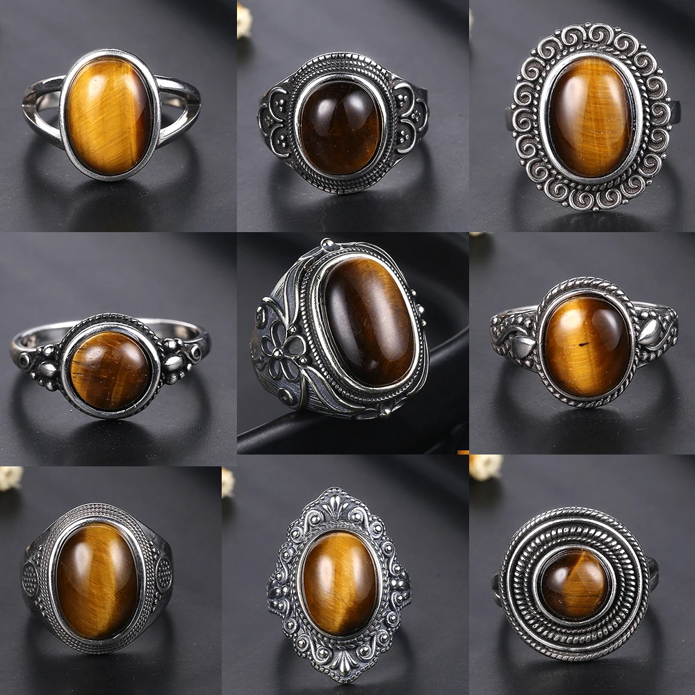 Vintage Fashion Looks - Natural Tiger Eye Gemstone Rings,Vintage Silver