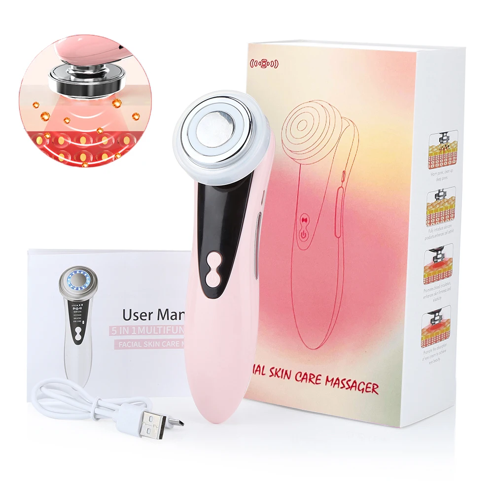 เครื่องนวดหน้า LED Light Therapy ฟื้นฟูผิว Anti Aging อุปกรณ์ความงามบนใบหน้า 5 in 1 Face Lifting Machine แปรงทําความสะอาด