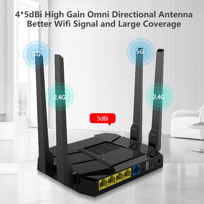 Zbtlink Home Dual Band 1200Mbps Wireless Wifi Router 5Ghz Openwrt 800MHz Gigabit LAN High Gain 4*5dbi Antenna Support 64 User