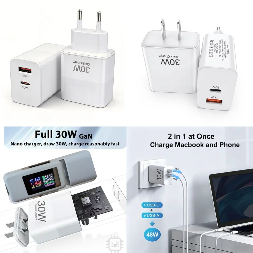 30W USB C Wall Charger Mini Dual Port EU US Plug Travel Adapter for iPhone 17 16 15 Pro Max Samsung S26 S25 S24 Plus iPad Air