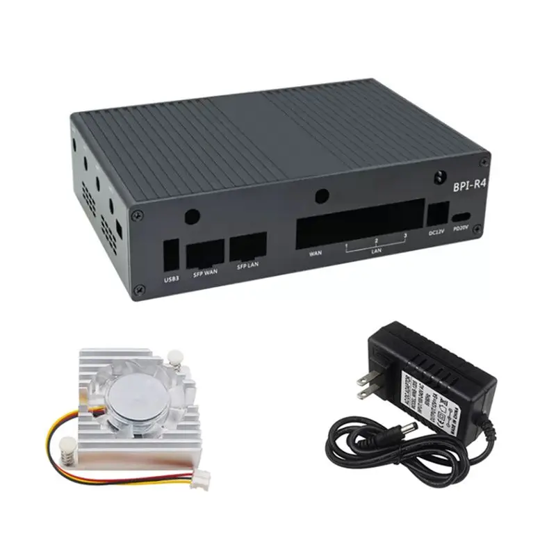 

ABJN-алюминиевый корпус для Banana Pi BPI-R4 с вентилятором, блок питания 12 В, 5 А постоянного тока, аксессуары для платы разработки BPI R4