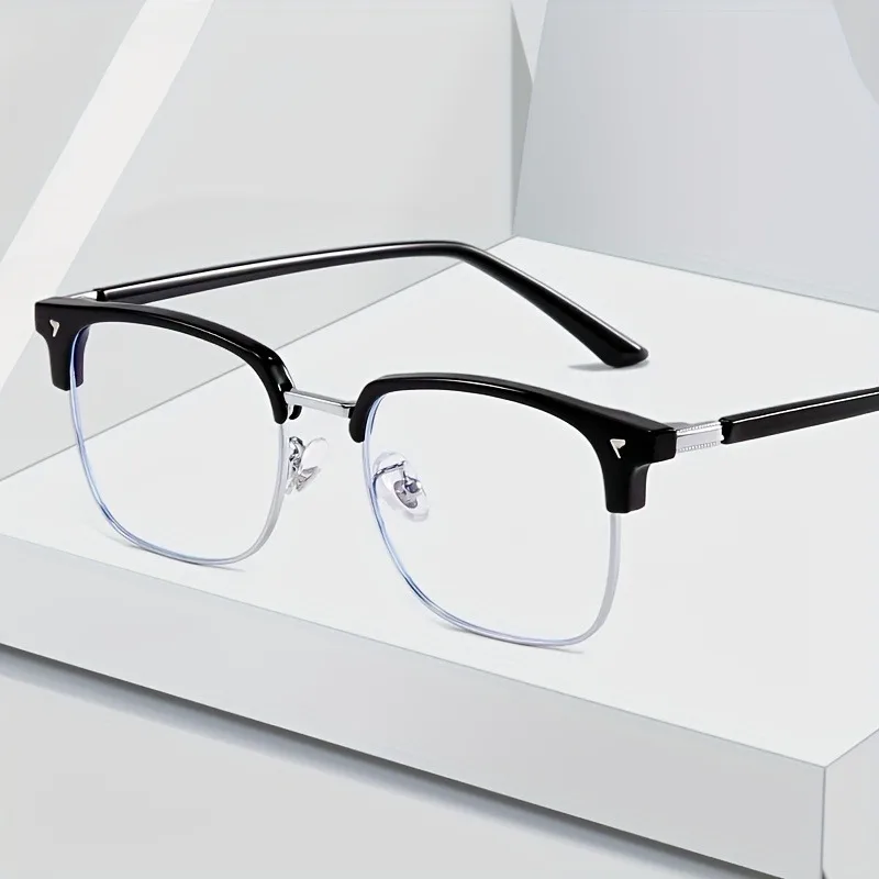 نظارات مضادة للضوء الأزرق للرجال والنساء، إطار نظارات حواجب بنصف إطار كلاسيكي، عدسة مسطحة كلاسيكية #1