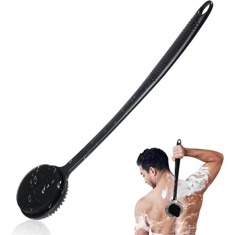 

17in Lengthen Silicone Back Scrubber - Long Handle Double Sided Shower Brush for Men, Exfoliate & Massage with Rich Foam