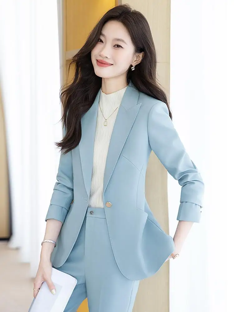 Blue Beaded Trimmed Small Suit Set Women's 2025 New Elegant Goddess Style Professional Heavy Work Casual Western Suit