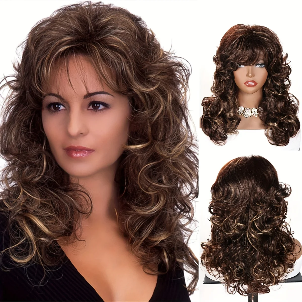 20-inch Women's Long Fashion Big Wave Wavy Wig with Bangs Synthetic Wig Suitable for Daily Wear All Seasons
