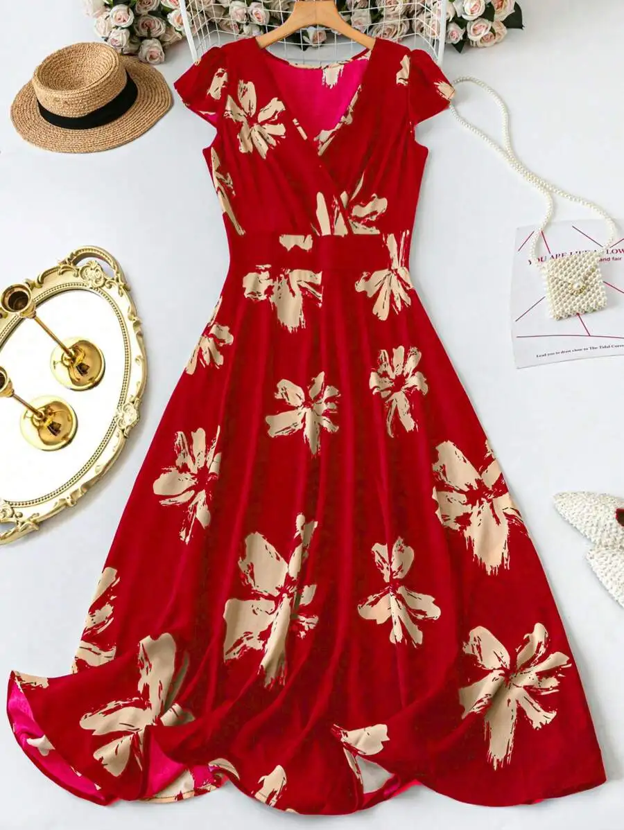 

Red Floral Print V-Neck Cinch Waist A-Line Summer Dress For Women