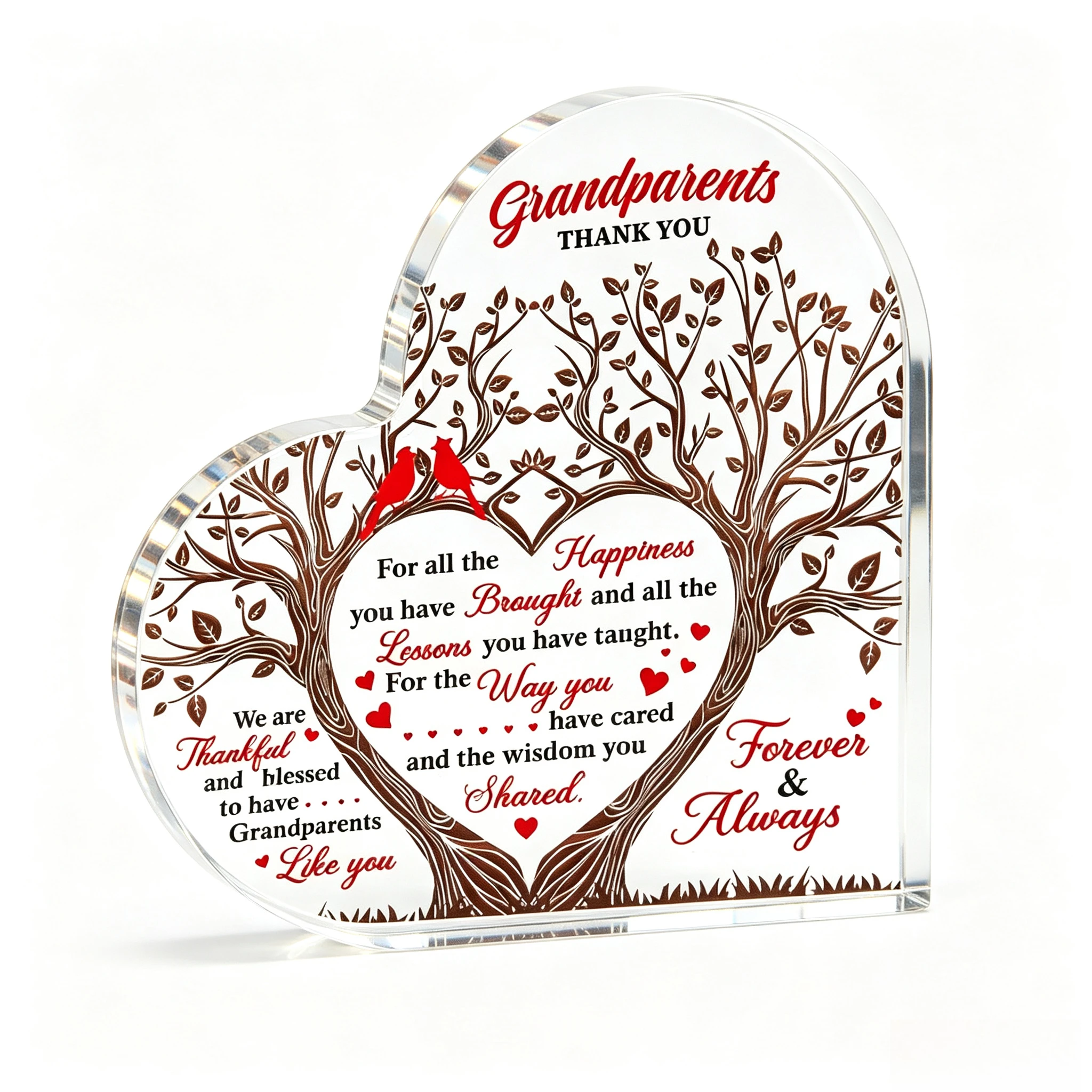 Grandparents Thank You Heart‑Shaped Acrylic Plaque Family Tree Red Cardinal Table Decor,Intertwined Tree Red Bird Heart Acrylic Stand, Sentimental Appreciation Keepsake Gift for Grandparents