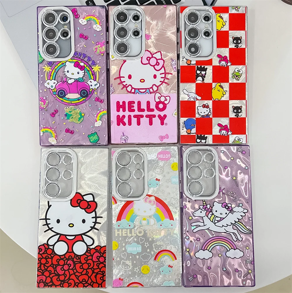 Cute Cartoon Hello Kitty Phone Cases for Samsung Galaxy S23 Ultra S24 S25 Plus A15 A16 A25 A35 A55 A56 electroplated Soft Cover