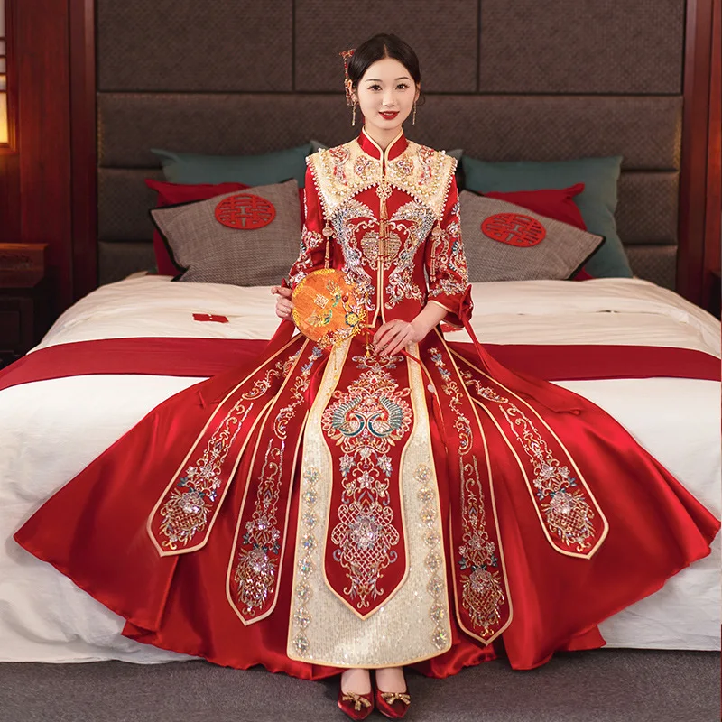 

Traditional Women Red Satin Sequins Beading Wedding Dress Retro Chinese Style Marry Phoenix Embroidery Cheongsam