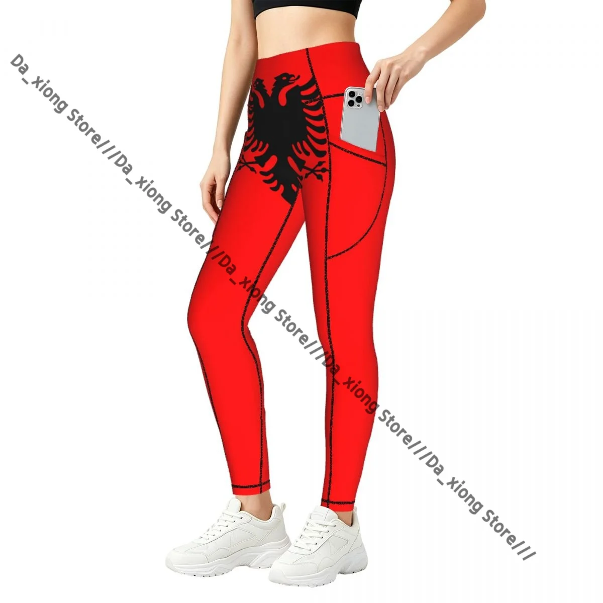Ladies High Waist Yoga Leggings With Side Pockets Flag Of Albania Sports Running Pants