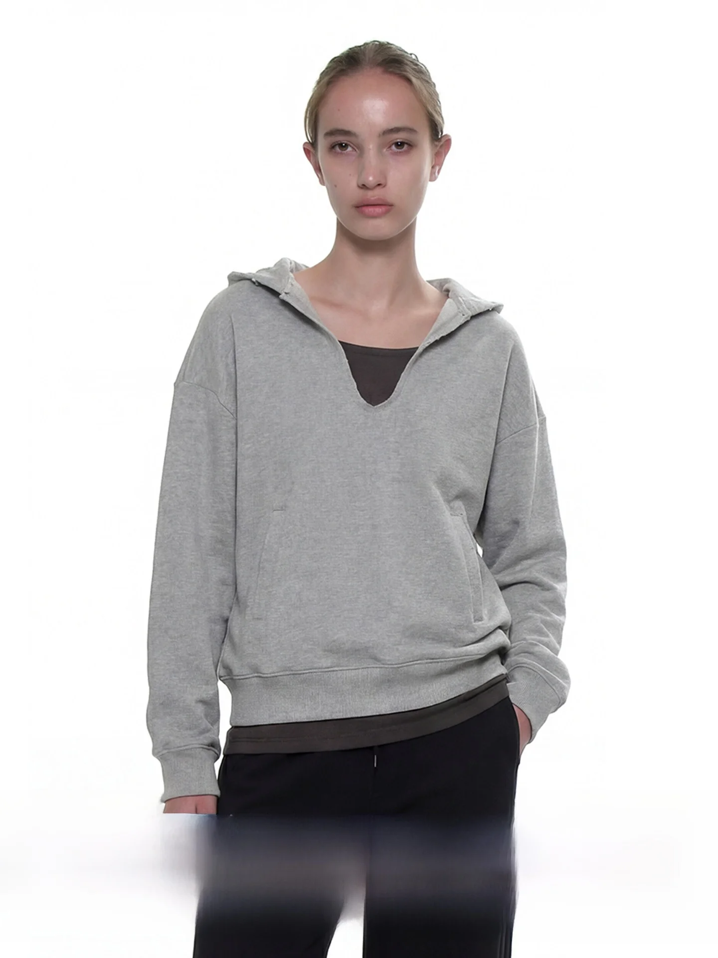 

Новая женская толстовка COIE с V-образным вырезом, повседневная, универсальная, из смесового хлопка, с многослойным дизайном, в стиле колор-блок, свободного кроя, с длинными рукавами