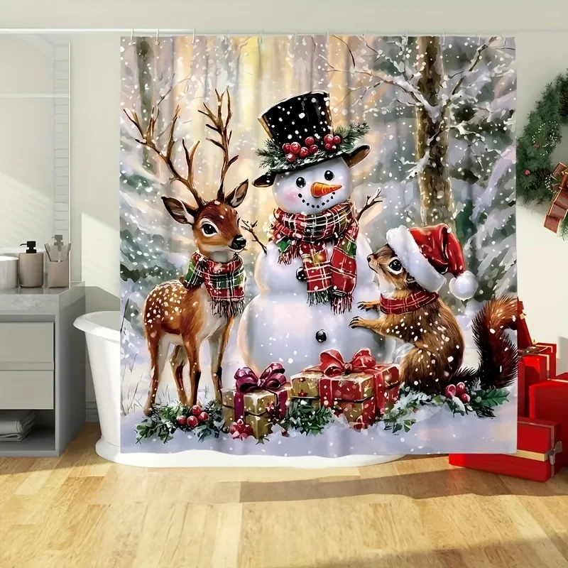 1pc Classic Christmas Style Shower Curtain Featuring Snowmen, Reindeer, Squirrels, Gifts, and Snowflakes, Suitable for Christmas