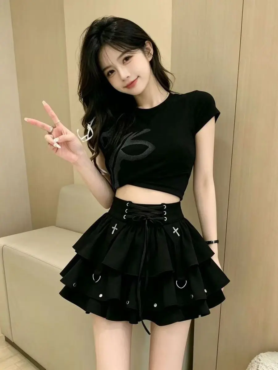 Black Multi-Layer Fluffy  Skirt High Waist Slimming Cake Skirt for Trendy Girls Breathable Skin-Friendly Half Body Skirt