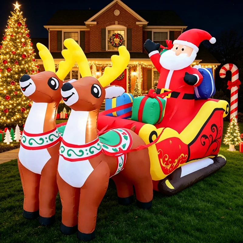 210CM Inflatable Toy Santa Sleigh Reindeer LED Lit Xmas Yard Party Decoration Christmas Home Supplies Ornament Festive Gift