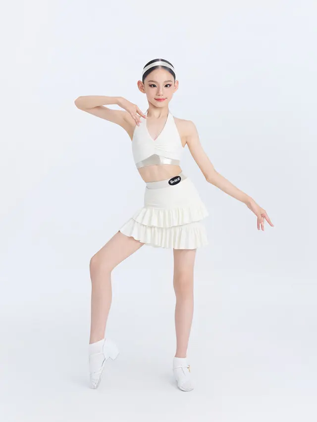 latin-dance-costume-set-for-girls-children's-dancing-outfit-macchiato-spring-summer-kids'-latin-dance-clothes-round-neck-a-li