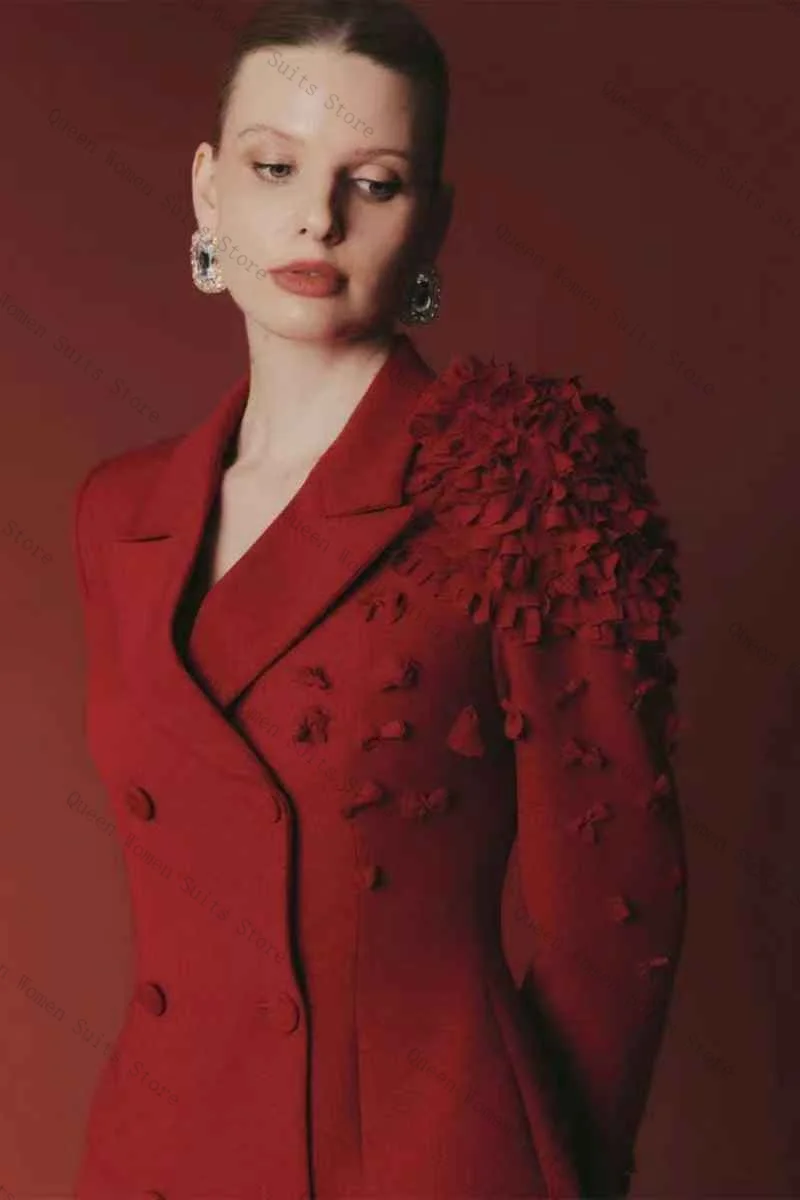 

Red Women Suit Set 2 Piece Blazer+Pants Trousers Formal Office Lady Jacket Flower Cotton Wedding Bride Party Coat Customized