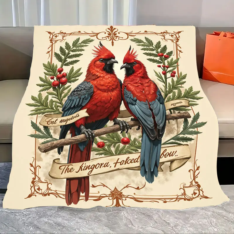 

1pc Flannel Blanket Vintage Cardinal Birds Blanket with Elegant Scroll Design for Cozy Home Decor