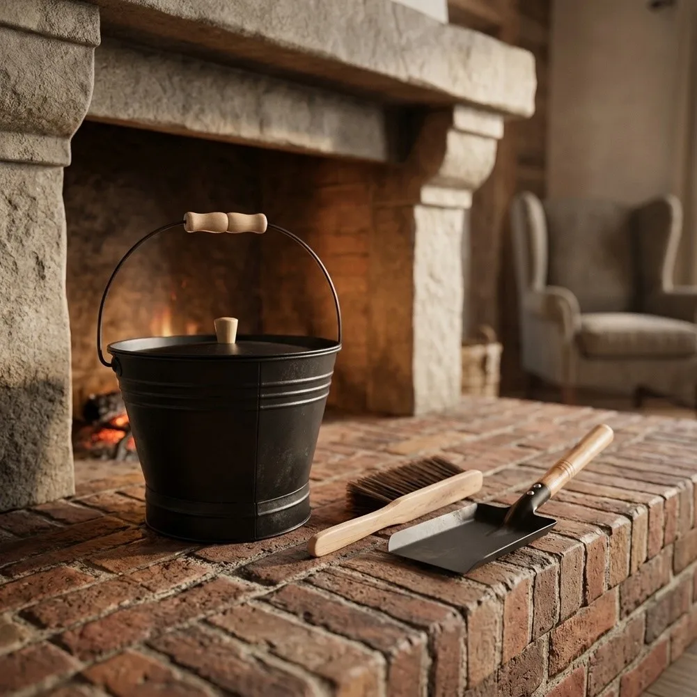 Galvanized Iron Bucket Fireplace Ash Bucket Rust Resistant Material Sturdy Wood Handle Includes Shovel And Brush