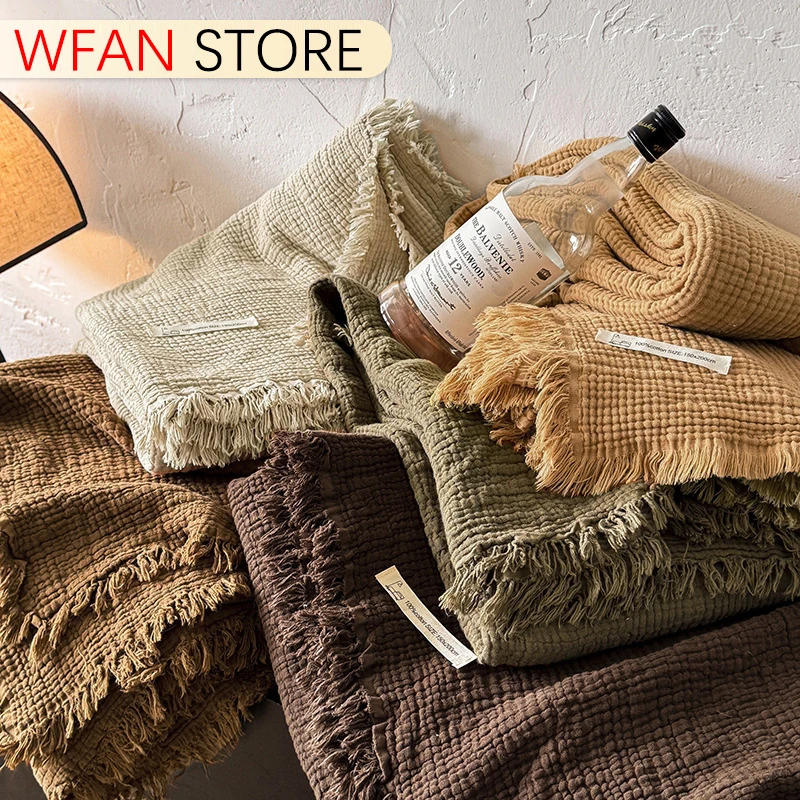 Maillard Coffee Color Four Layer Gauze Pure Cotton Tassel Blanket Waffle Texture Sofa Office Nap Throw 130x170cm 150x200cm