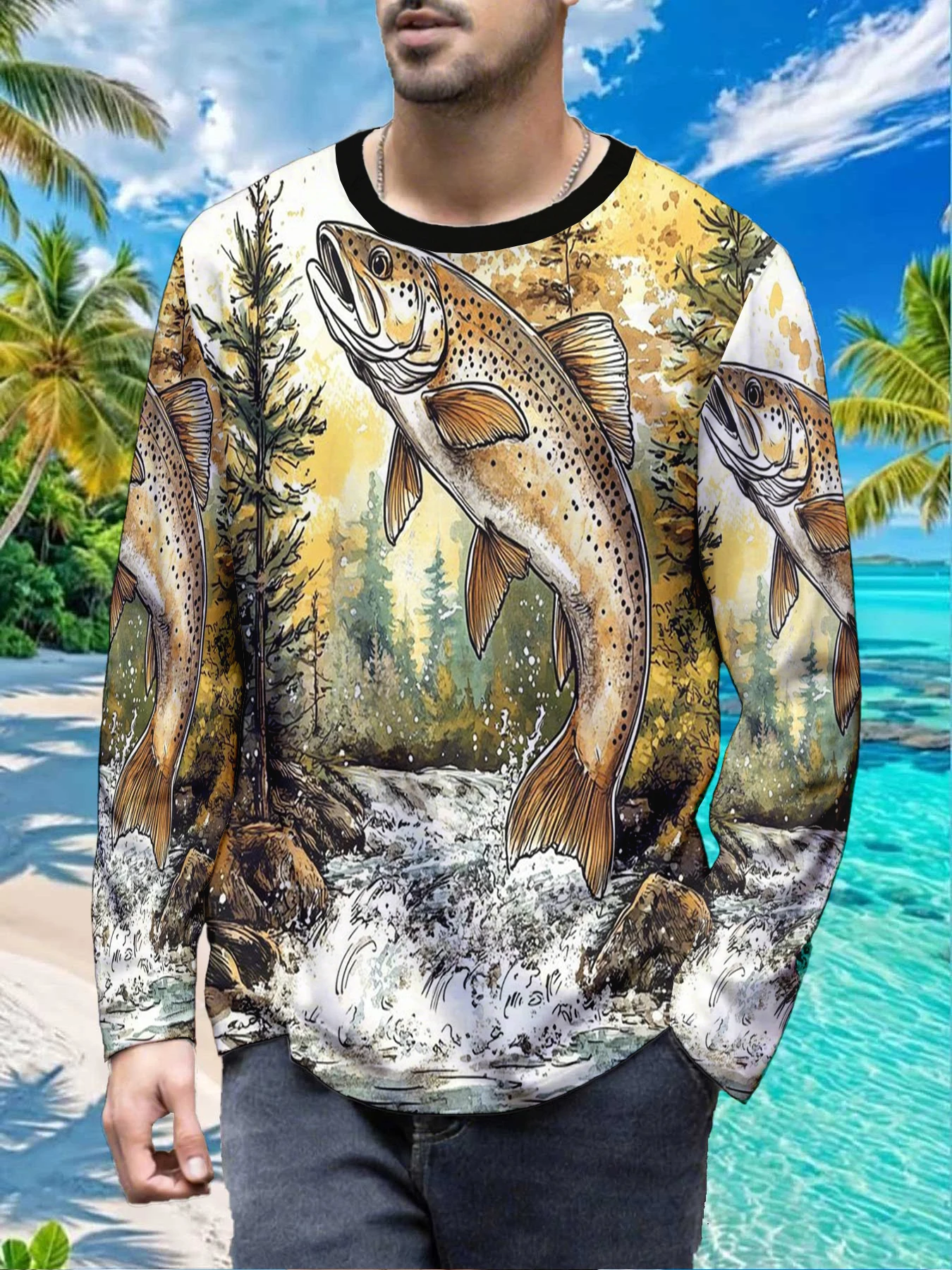 Fathers Day Fishing Gift Outdoor Mens Polyester Long Sleeve T Shirt Brown Trout Jumping Stream Print Graphic Tee Casual Outdoor