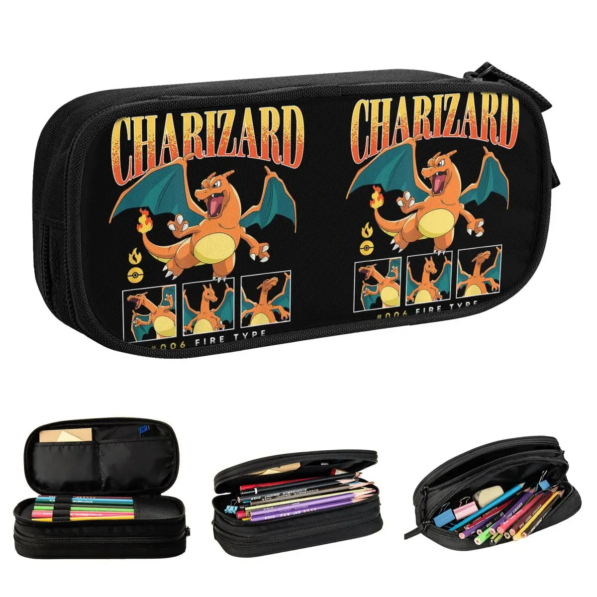 Pokémon Charizard Múltiplas Poses Lápis Casos, Pen Holder Bag, Estudante, Grande Capacidade, Material Escolar, Bolsa Cosmética