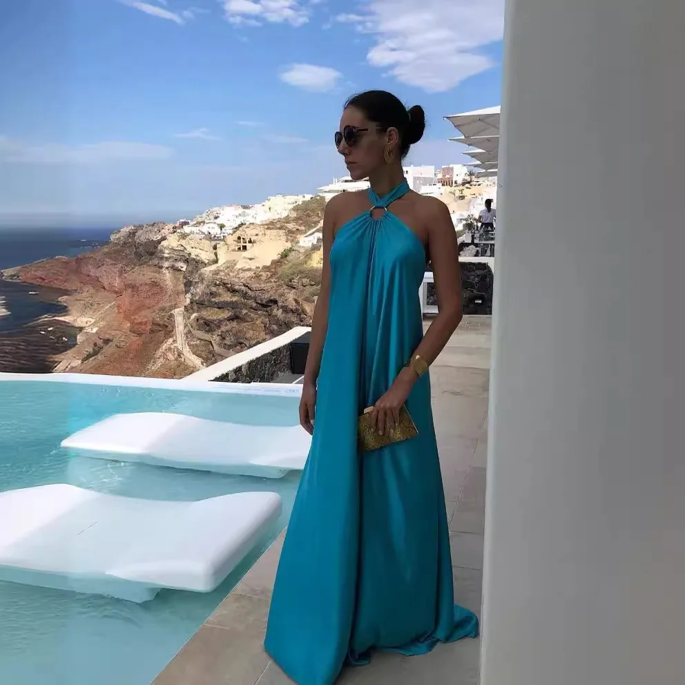 エレガントなサテンリボンホルターパーティードレス レディース セクシー バックレス オフショルダー ノースリーブ ローブ 2025 夏 新作 レディースイブニングガウン