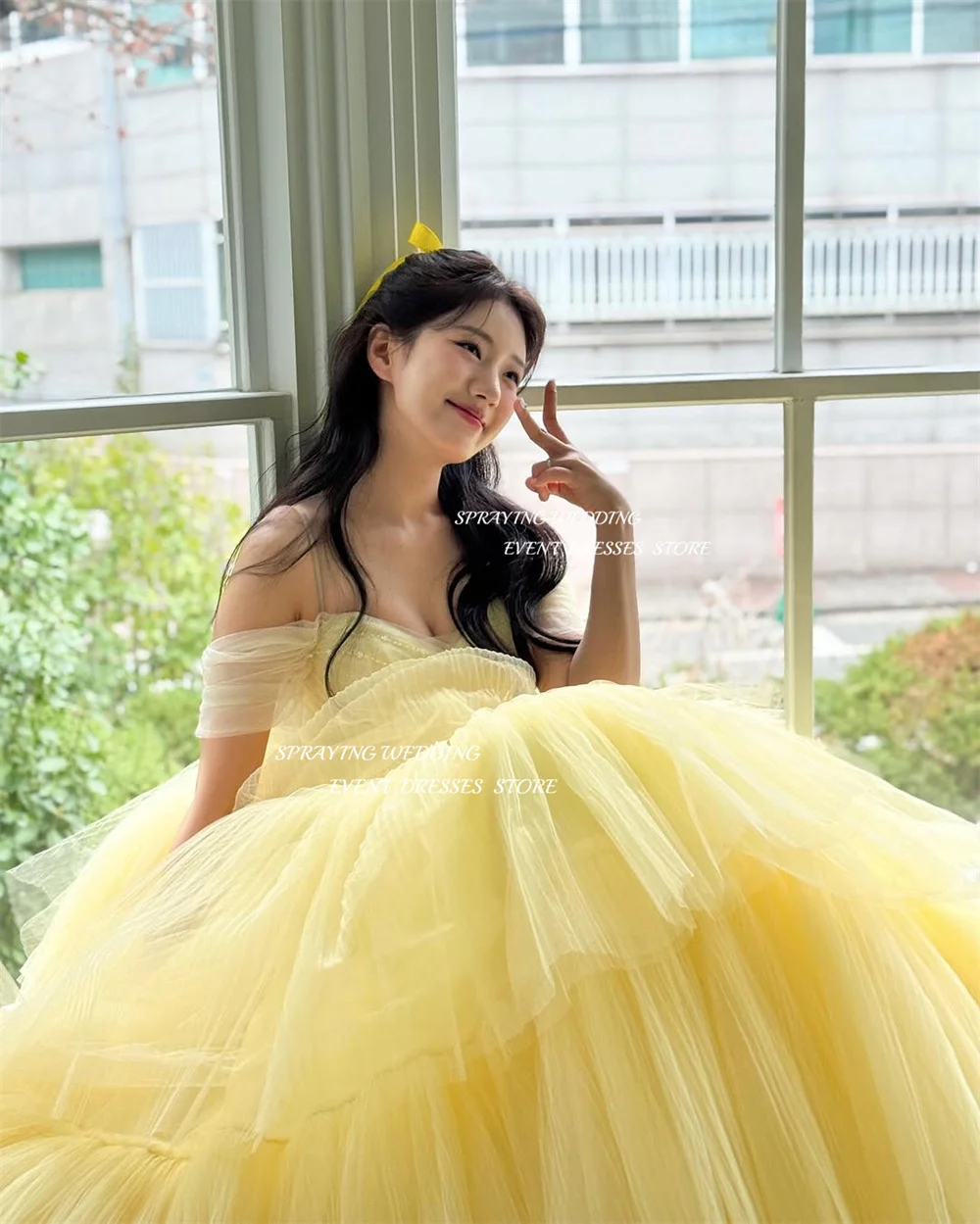 SPRAYING – robe de soirée de luxe en Tulle, col en V, jaune, épaules dénudées, pour séance Photo de mariage coréen, longue, Corset à plusieurs niveaux, personnalisé