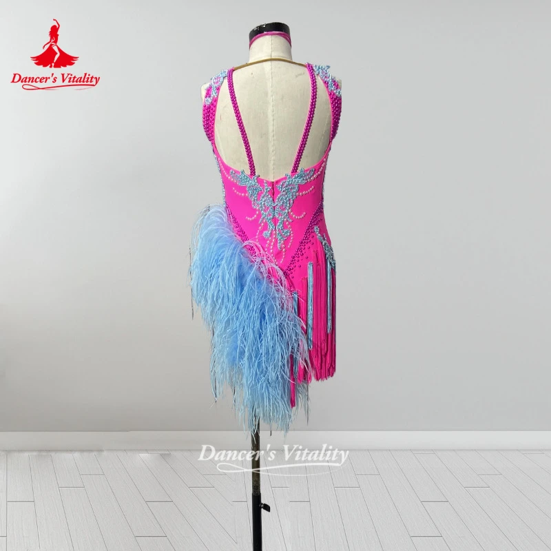 Adult&Teenagers Rose Color Latin Feather Style Dress Women Chacha Salsa Competition&Perform Clothing Customize Dancer's Vitality